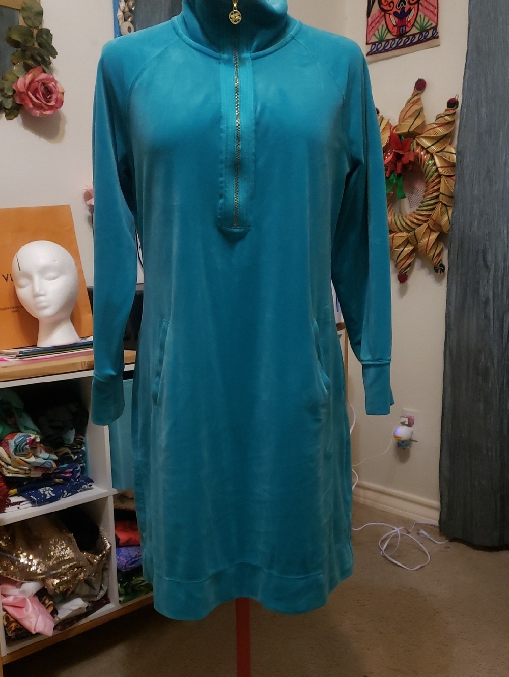 Lilly Pulitzer Velvety Teal Long-Sleeve Zip Pullover Dress